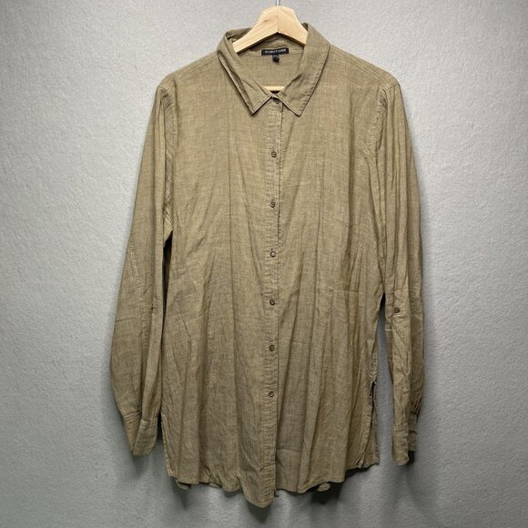 Eileen Fisher XL Cotton Linen Blend Long Sleeve Blouse Button-Up Shirt Brown - Picture 1 of 5
